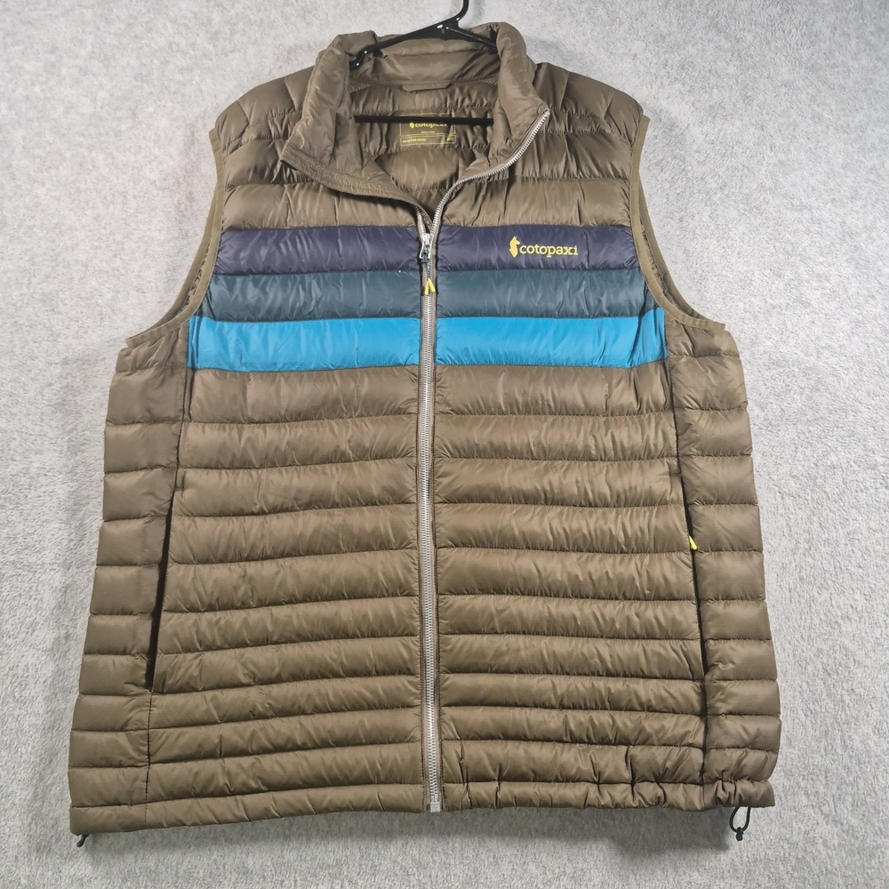 Cotopaxi Men's Fuego Goose Down Puffer Vest Size XL Olive Brown Blue Zip Pockets